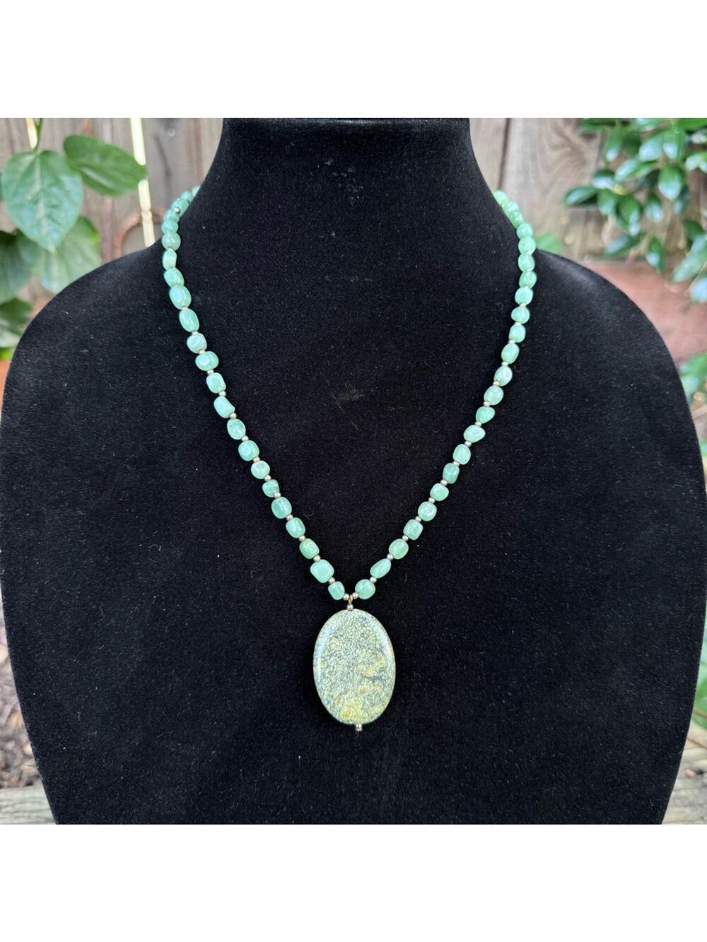 Serpentine Stone Oval Pendant Necklace with Green Aventurine Beads Boho Jewelry